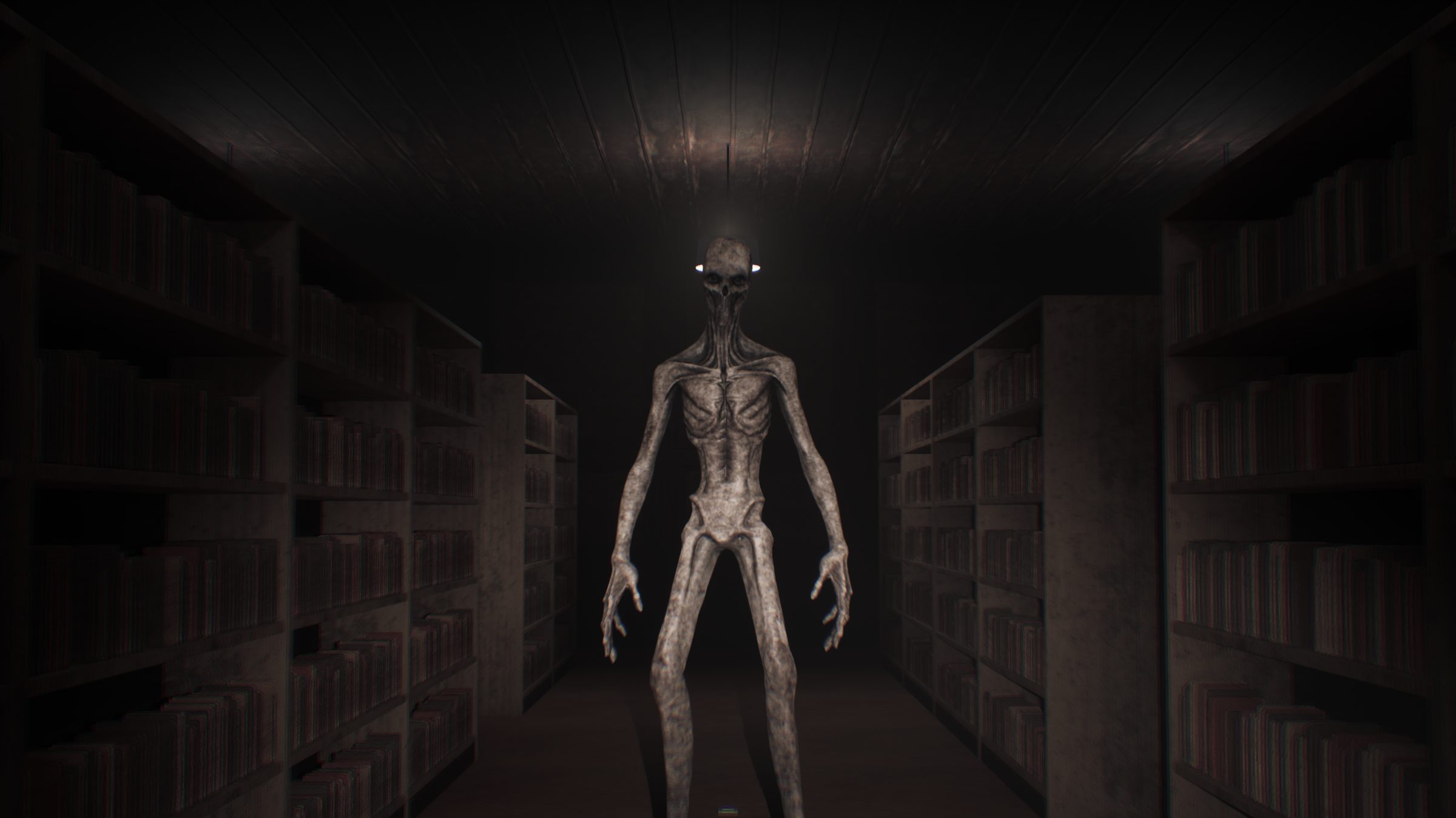 The Listener standing at the end of an aisle in the stacks